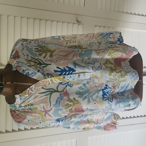 Spartina 449 Cora Seafoam Mermaids Split V-neck 100% Silk Blouse Size S - Picture 3 of 11